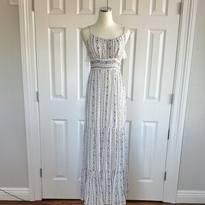 Promesa White Blue Tiered Coastal  Bohemian Botanical Print Maxi Dress Size S